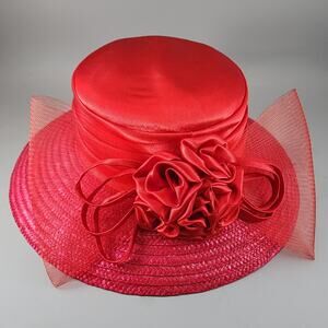 Wide Brim Formal Women's Hat Red with Satin Crown & Floral Ribbon Mesh